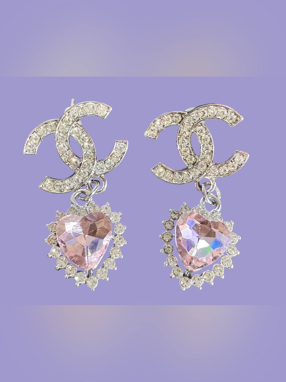 Silver Logo Heart Drop Earrings with Pink Crystal Hearts